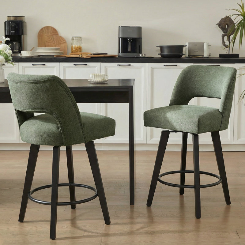 360° Swivel Counter Bar Stool (Set of 2), Black Footrest - Sage Green