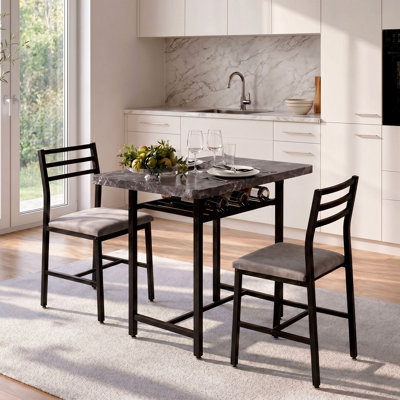 Ensemble de table de salle à manger 3 pièces avec plateau en faux marbre, rangement sous la table et chaises rembourrées pour les petits espaces, ensemble de salle à manger minimaliste pour la cuisine, le bar et le patio