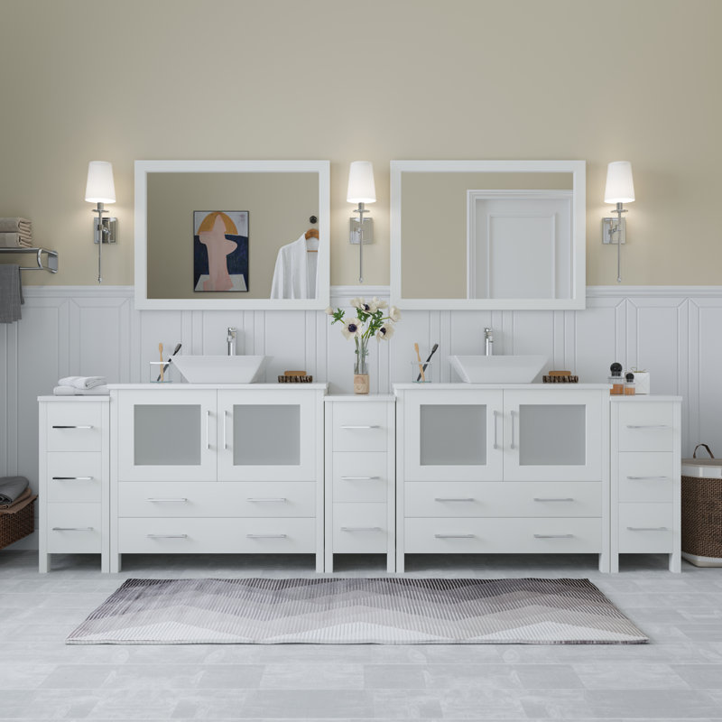 Ensemble de meuble-lavabo autoportant à double cuve 108 "avec plateau en marbre et miroirs assortis Ravenna, Blanc