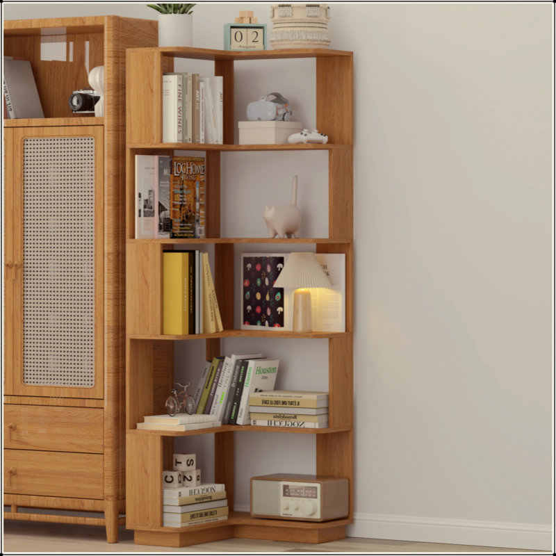 64.6"H 6-Tier L-Shaped Corner Bookshelf – 15mm Thick Wood Grain Particle Board, Anti-Drop Baffle & Anti-Tipping Device for Living Room/Bedroom/Home Office