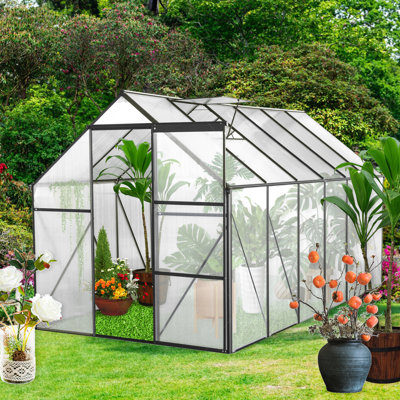 Serre d'extérieur de 1,8 x 3,7 m (6 x 12 pi) en polycarbonate avec toit ajustable, protégeant les plantes toute l'année, utilisable en toutes saisons, noire, pour une bonne circulation de l'air et un entretien optimal des plantes.