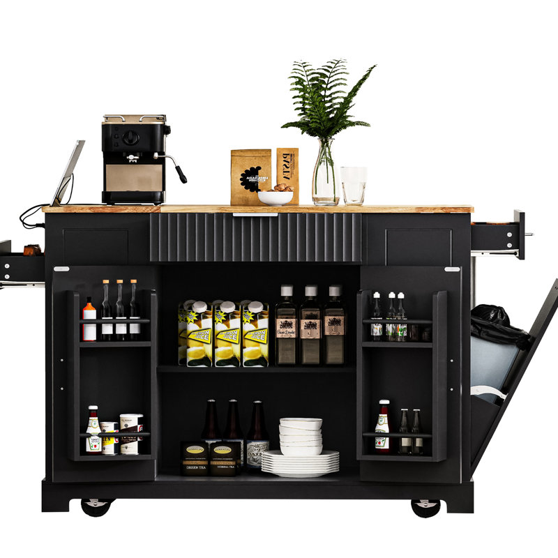Black Kitchen Island With Concealed Trash Can, Internal Storage Rack, Power Outlets, 3 Drawers, Side Shelves, 5 Cart Cabinet, Rolling, Look