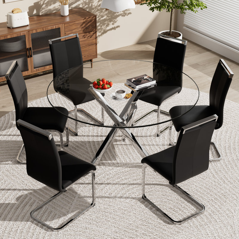 Ensemble de table de salle à manger, table ronde en verre trempé et 4 chaises rembourrées., Noir, noir, noir, noir, 7