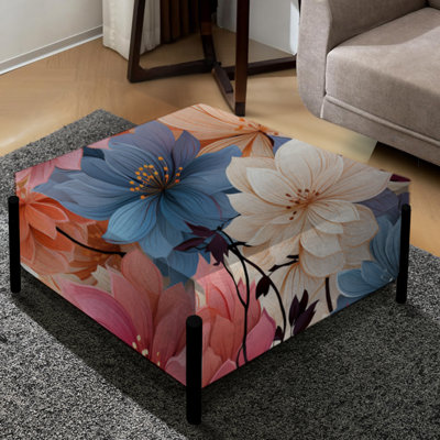 Pétales roses et bleus à motif floral - grand repose-pieds carré floral