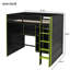 Lit mezzanine double en bois avec bureau, garde-robe ouverte, compartiments de rangement et lumières RVB, vert-1746575356