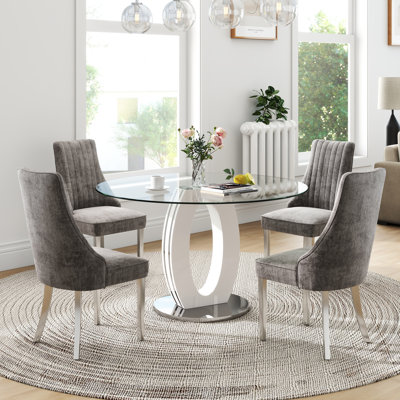 Modern Round Tempered Glass Pedestal Dining Set with Chenille Upholstery Dininig Chair by Lark Manor