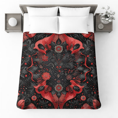 Couvre-lit à motif floral rouge et noir