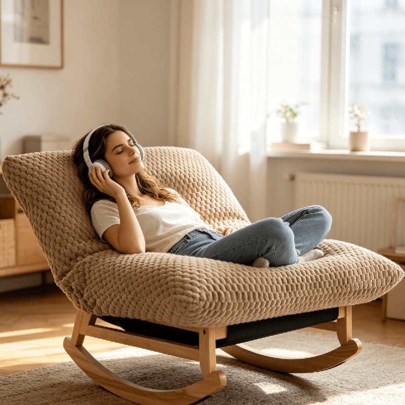 Chaise berçante pour fauteuil à billes avec structure en bois massif et tissu velours côtelé, Brown, Brun