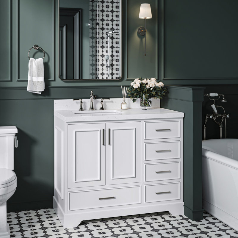 42.25'' Single Bathroom Vanity with Carrara Quartz Top, White