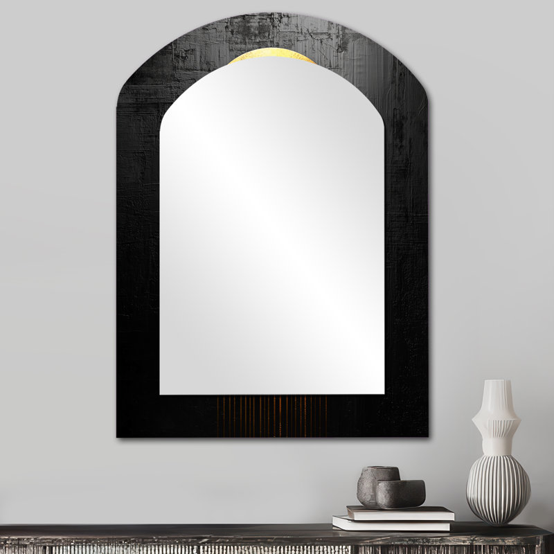 Or et noir lune sans limite Reverie III - miroir décoratif arqué géométrique, grand miroir mural asymétrique moderne, art imprimé en métal