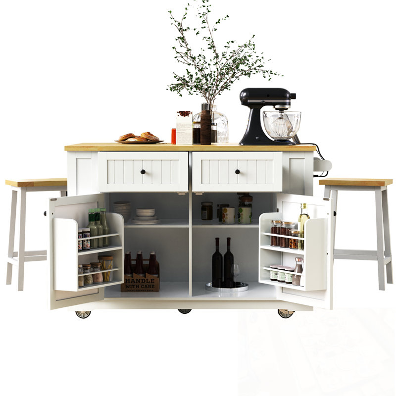 Kitchen Island With 2 Bar Stools, 5 Open Side Racks, Drop Leaf And Power Outlet, White