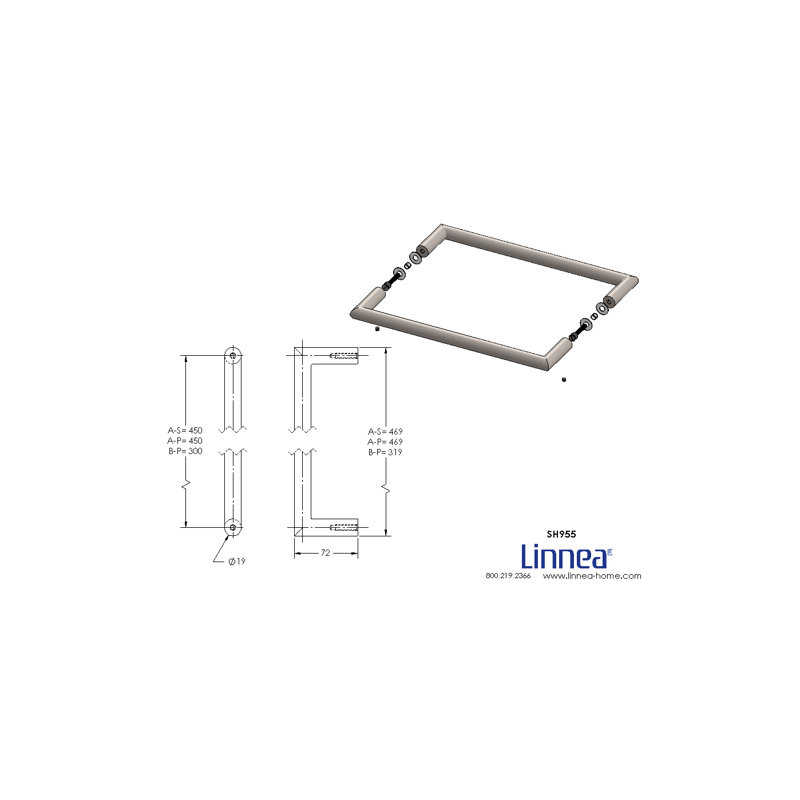 Poignée de porte de douche en verre, H 0,75 po x l 18,46 po x P 2,83 po, Acier inoxydable poli