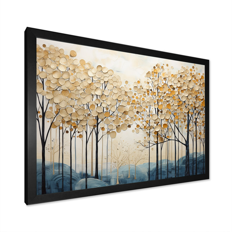 Minimalisme, arbres dorés et bleus scène IV - arbres, art mural, H 16 po x l 32 po x P 1 po, Cadre simple noir