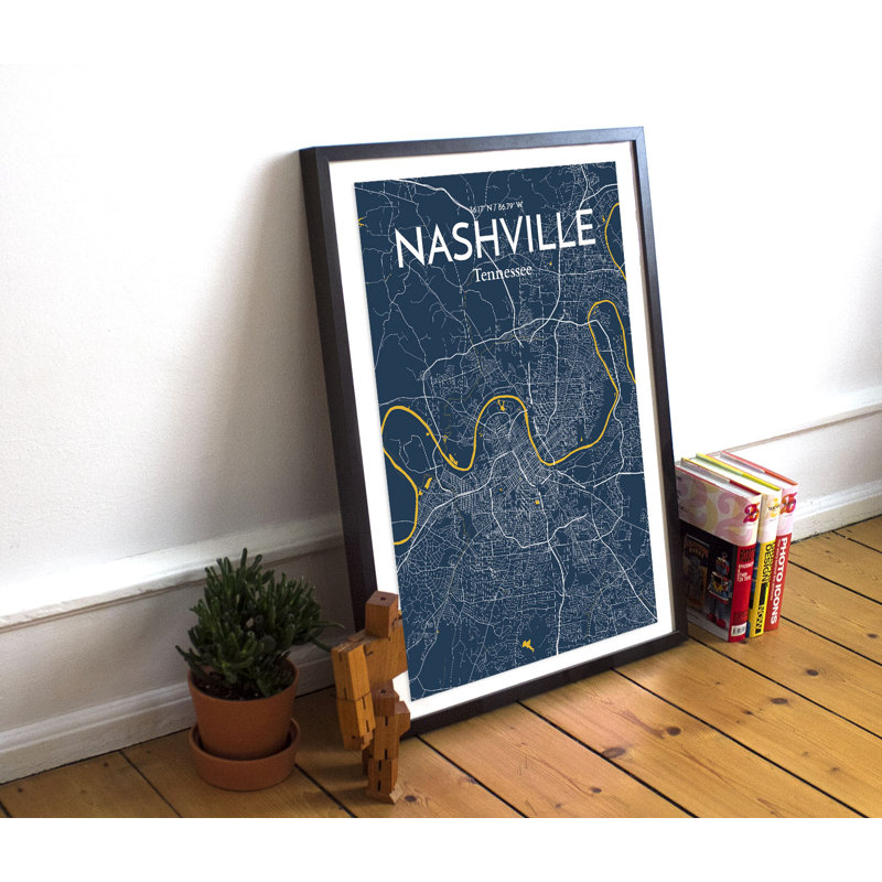 «Nashville City Map», reproduction d'impression sur affiche en bleu, H 36 po x l 24 po