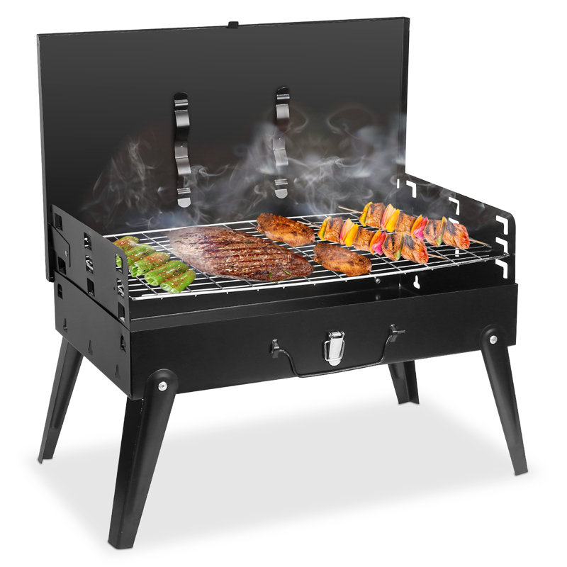 Valise pliable pour barbecue au charbon de bois pliable, bouches d'aération multicouches pour ranger le couvercle du pare-vent intégré, rangement pour ustensiles intégré