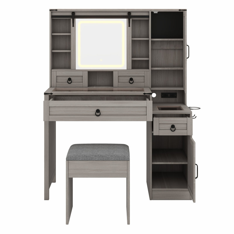 Makeup Vanity Desk with Sliding Mirror & Lights, Farmhouse Glass Top Vanity with Charging Station, 4 Drawers 2 Cabinets Dressing Table Set with Stool