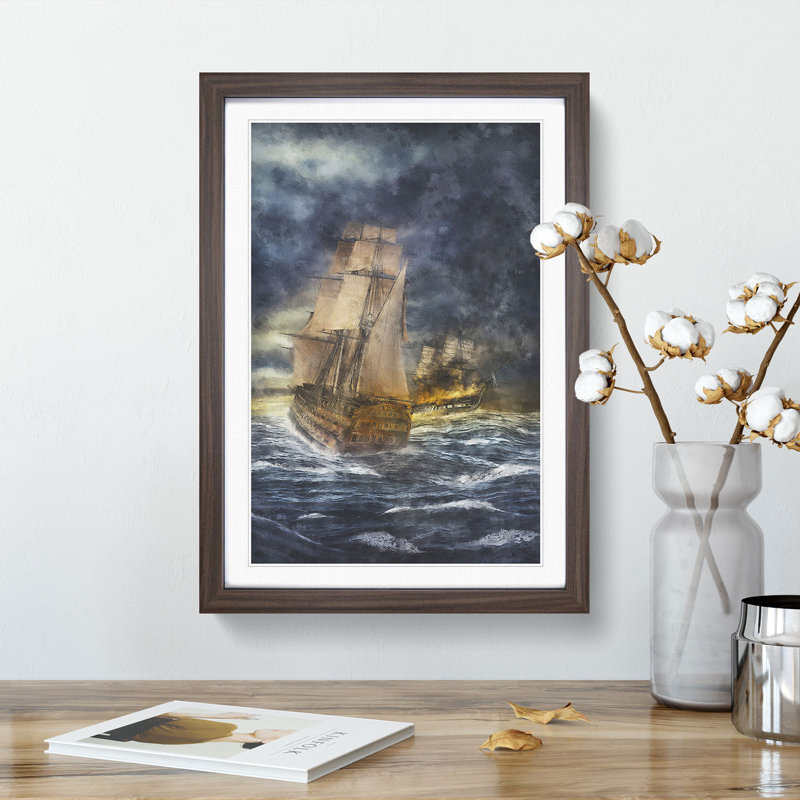 Naval Battle Ship at War - Picture Frame Graphic Art Print, 87cm H x 62cm W x 2cm D, Walnut Framed