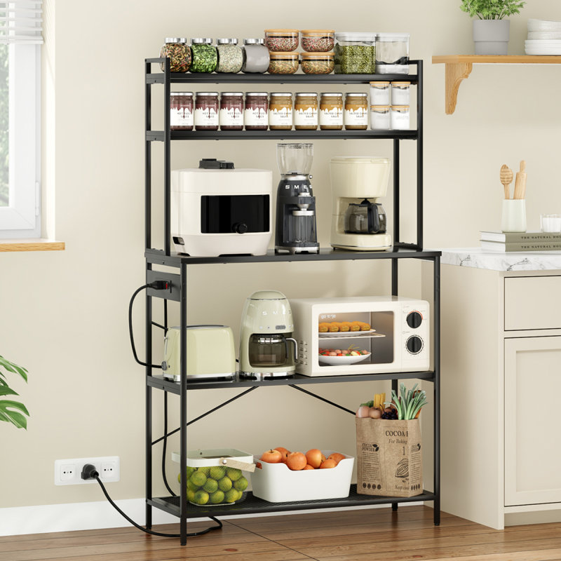 Large 5-Tier Bakers Rack With Electrical Outlets, 39 Inch Microwave Stand & Coffee Bar, Kitchen Storage Shelf For Home, Counter Space Organizer