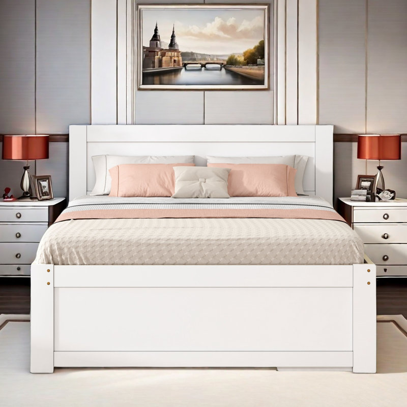 Wooden Platform Bed With A Drawer, Open Shelves And Pull-out Storage Cabinet, White