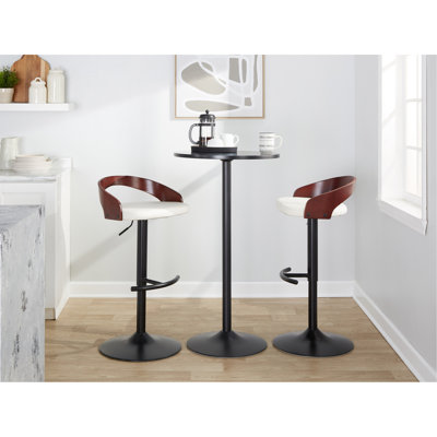 Tabouret réglable avec pivot en métal noir, bois d'acajou et similicuir blanc avec repose-pieds arrondi en T - ensemble de 3
