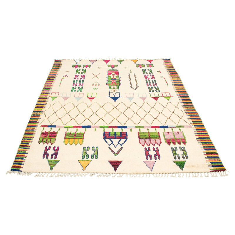 Tapis marocain crème unique en laine noué à la main de style années 2010 de 7 pi 11 po x 10 pi 5 po Aljona