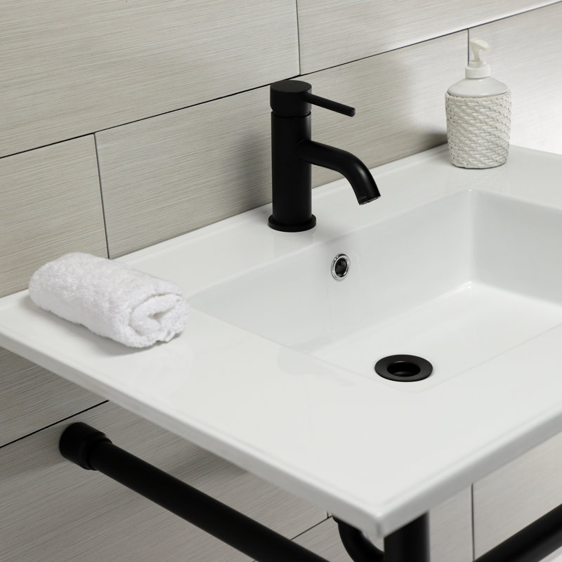 Kingston Brass Dreyfuss 31-Inch Ceramic Console Sink with Stainless Steel Legs, Single, Matte Black