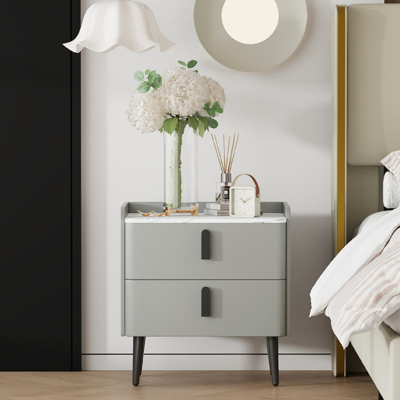Modern Nightstand With 2 Drawers, Marble-Pattern Tabletop, And Scratch-Resistant Legs For Bedroom And Living Room, Gray