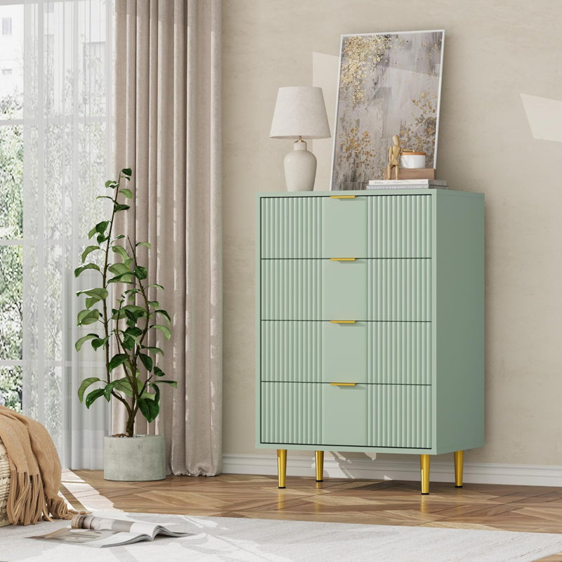 Commode 4 tiroirs cannelée pour chambre à coucher, commode moderne de 36,85 po avec poignées en métal, commode de rangement en bois pour le salon