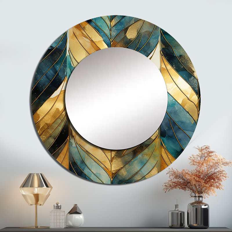 Or et vert doré chevron Reverie - grand miroir chevron, miroir mural rond doré, art imprimé en métal, 23 po x 23 po