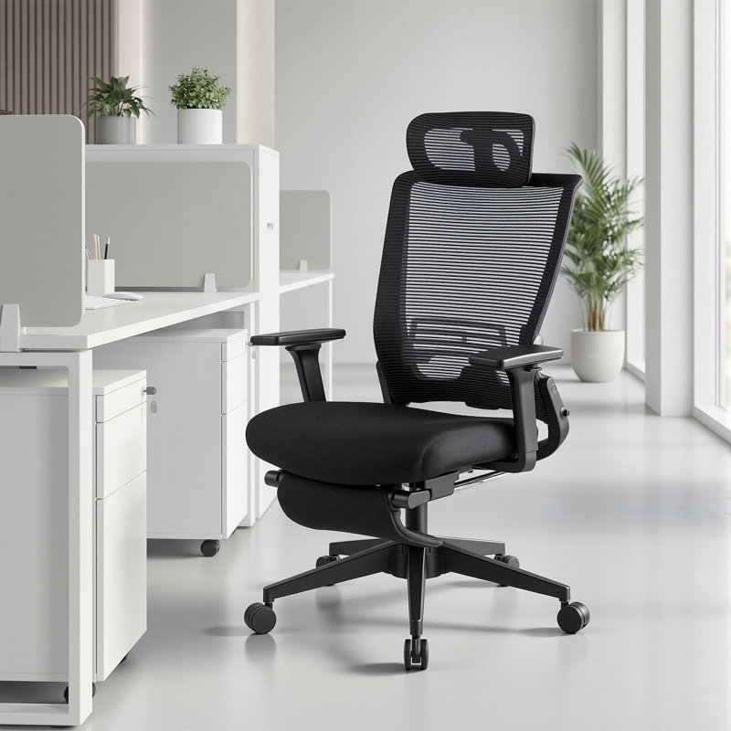 Ergonomic Mesh Office Chair with Foldable Backrest, Adjustable Lumbar Support, 2D Armrests and Retractable Footrest, Minimal Assembly Home Office Desk Chair，Black