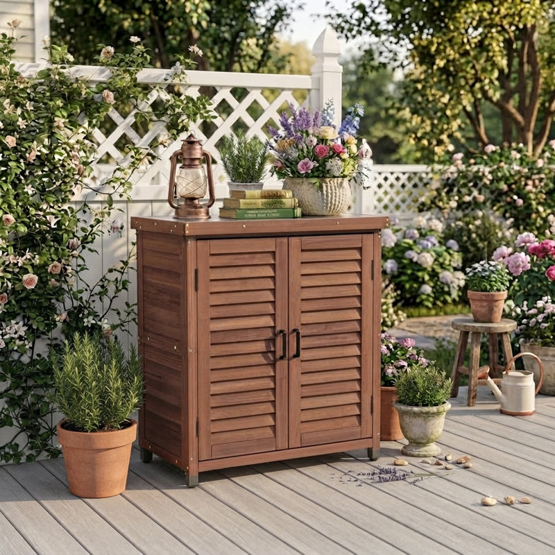 Banc de rempotage extérieur avec armoire de rangement et plateau de table en métal - Poste de travail durable en bois de pruche pour patio et terrasse