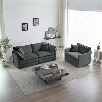 Sofas 2-Piece Loveseat amp; Accent Chair Set | Solid Wood Frame | Living Room/Bedroom | Beige | Chenille