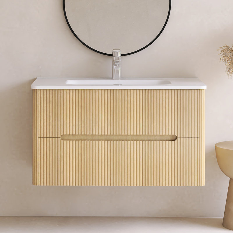 36'' Wall-Mounted Bathroom Vanity Set With Ceramic Integrated Top, Natural Oak