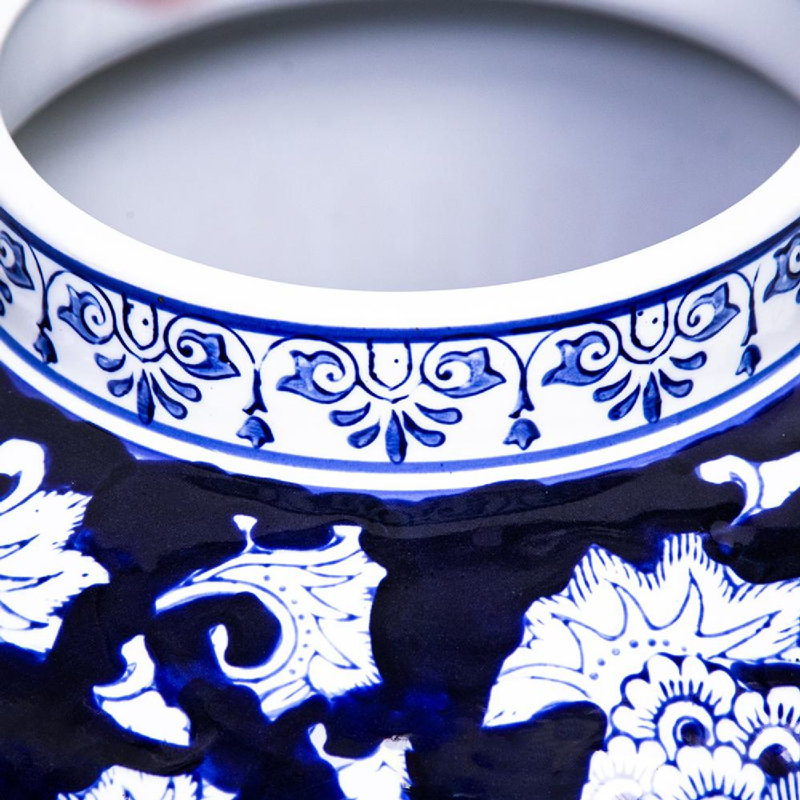 Blue and White Floral Porcelain Ginger Jar with Lid, 17 Inch