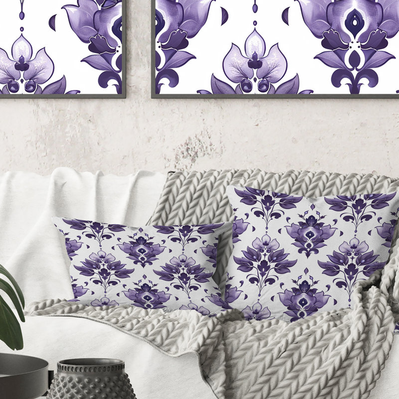 Coussin décoratif mauve blanc damassé Elegance I, H 16 po x l 16 po