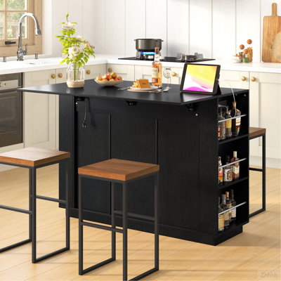 47.2" Counter Height Table with Foldable Top & Power Outlet, Sideboard Buffet Cabinet & Bar Cabinet, Wine Rack & Stemware Holder, 2-Door Storage Cabinet for Dining Room (Chairs Not Included)