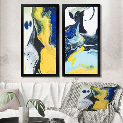 Art de marbre bleu foncé et jaune VI - ensemble de 2 peintures sur toile
