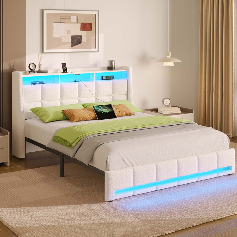 Structure de lit plateforme tapissier avec tête de lit à oreilles, lumières DEL et prises intégrées, DEL et rangement ouvert