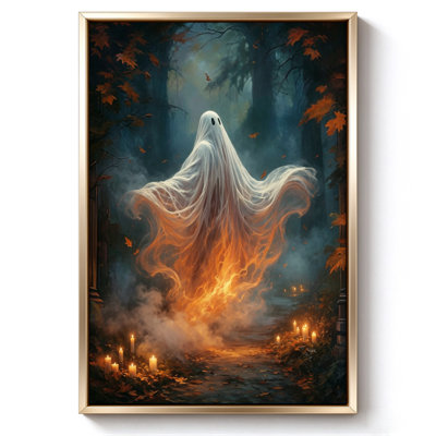 Fantôme d'Halloween surgissant d'un feu de joie, tableau sur toile encadré, cadre beige, 50 x 75 cm