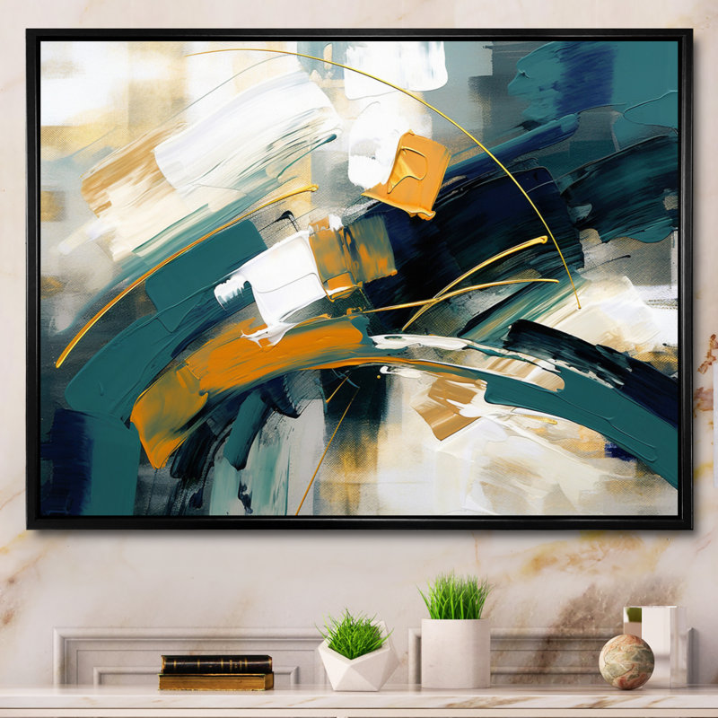 Jaune et vert dansant avec des couleurs I sur toile, H 34 po x l 44 po x P 1,5 po, Cadre flottant noir