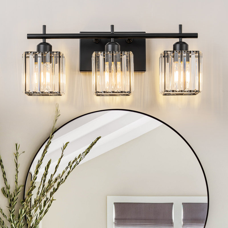Bathroom Vanity Light With Glass Crystal Shade, Matte Black