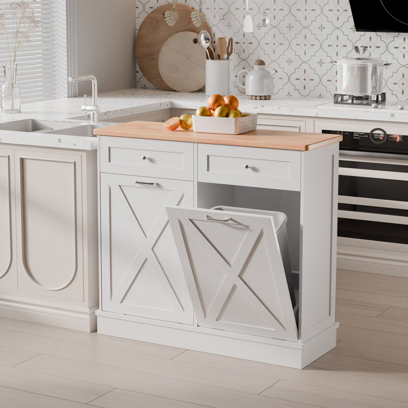 White Rubberwood Double Tilt-Out Kitchen Cabinet with Drawers