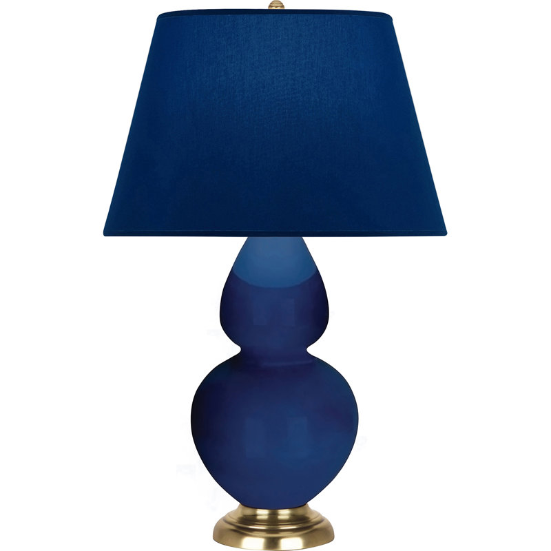 Lampe de table double gourde en céramique, Bleu marine/gris, Cobalt verni / laiton, Laiton