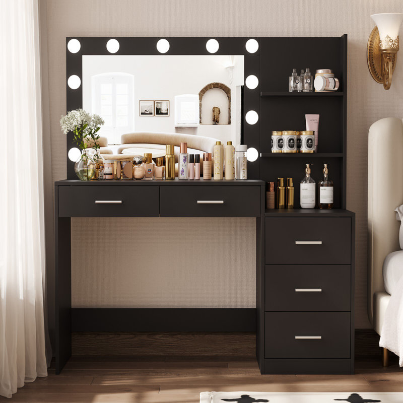 Kimberely 46.7" Vanity Table with Side Storage Shelf & 5 Drawers, Makeup Vanity Desk, 3-Color Lighted Mirror, Black