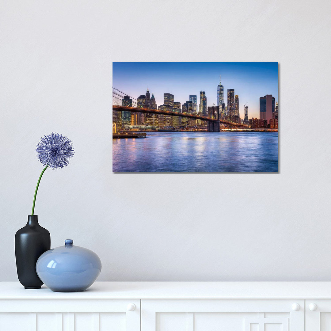 Brooklyn Bridge And Manhattan Skyline At Dusk by Jan Becke - Wrapped Canvas Print