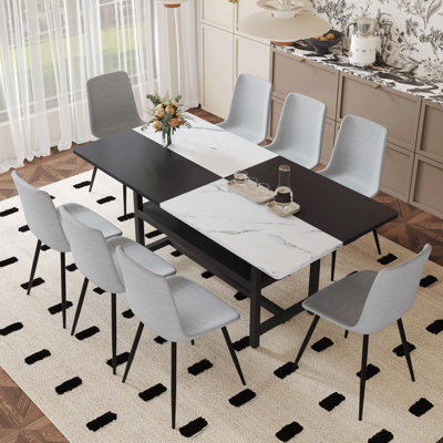 Rectangular Dining Table Set For 8, 71" Farmhouse Dining Table Set With 8 Upholstered Chairs And Storage Shelf, Marble Grain Tabletop With Metal Frame, Black/White Split-Color