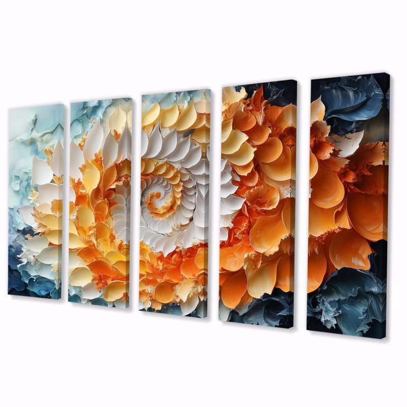 Jaune et orange lever de soleil abstrait vagues III - ensemble de décorations murales spirales abstraites, H 28 po x l 60 po