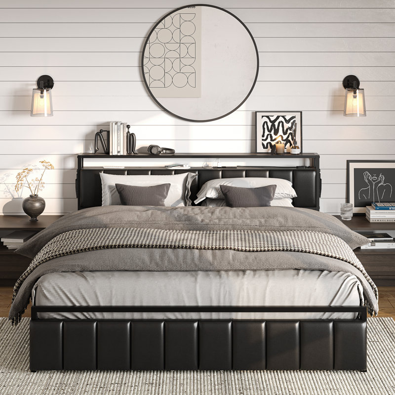 Brisna Upholstered Platform Bed, King, Black/Brown