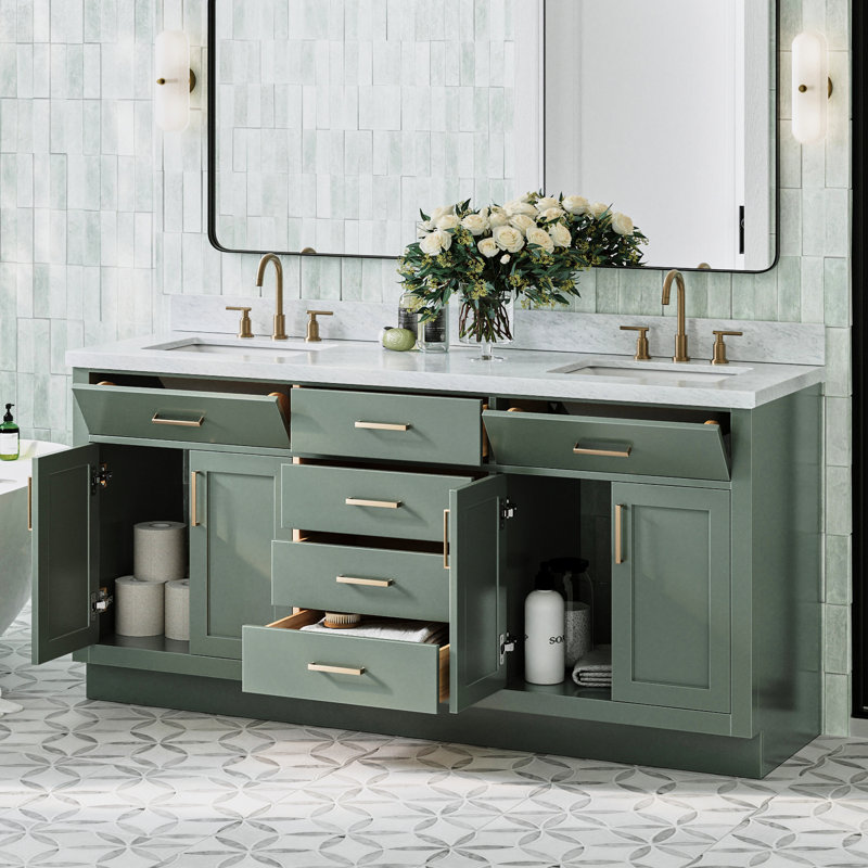 ARIEL HEPBURN 73 IN DOUBLE RECTANGLE SINK VANITY 1,5 IN, 73", Rectangular, Vintage Green