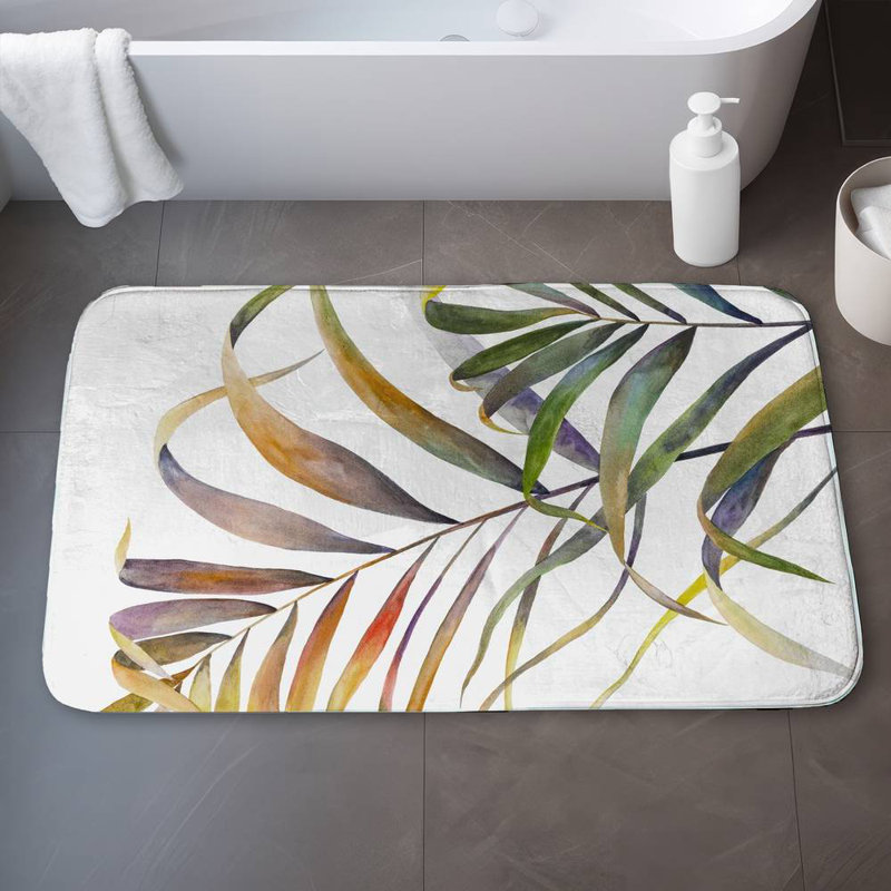 Watercolor tropical palm leaves Bath Mat with Non-Slip Backing - Quick Dry Memory Foam Bathroom Rug - Absorbent - Modern Plush Spa-Style - Machine Washable